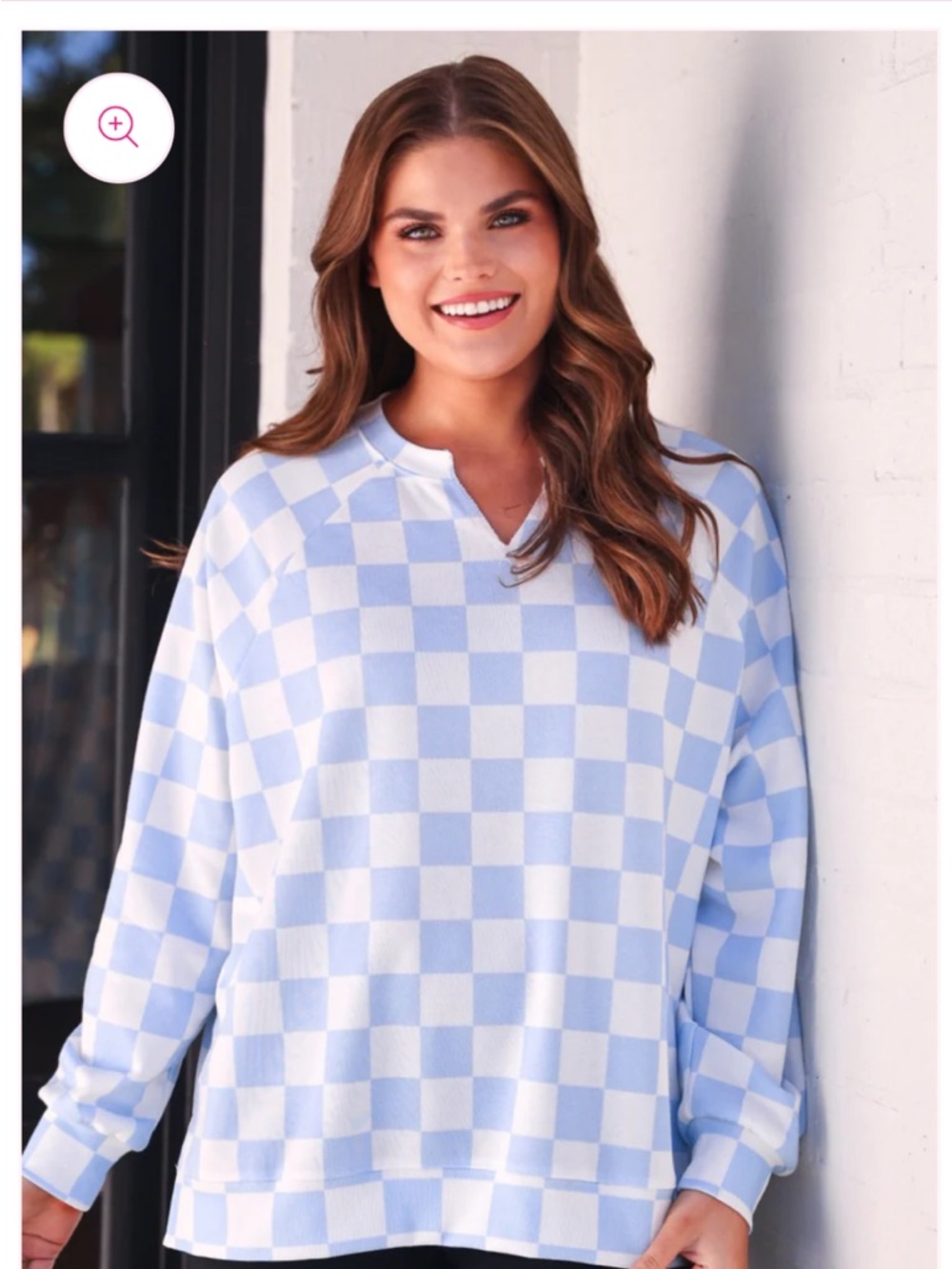 Checkerboard V-Neck Pullover Sweatshirt - Light Blue/White